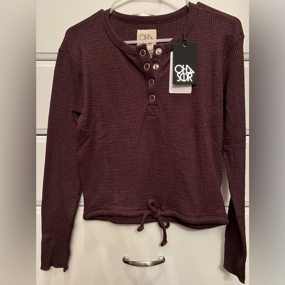 Chaser Women's Long Sleeve Waffle Knit Snap Henley Drawstring Waist Tee XS NWT